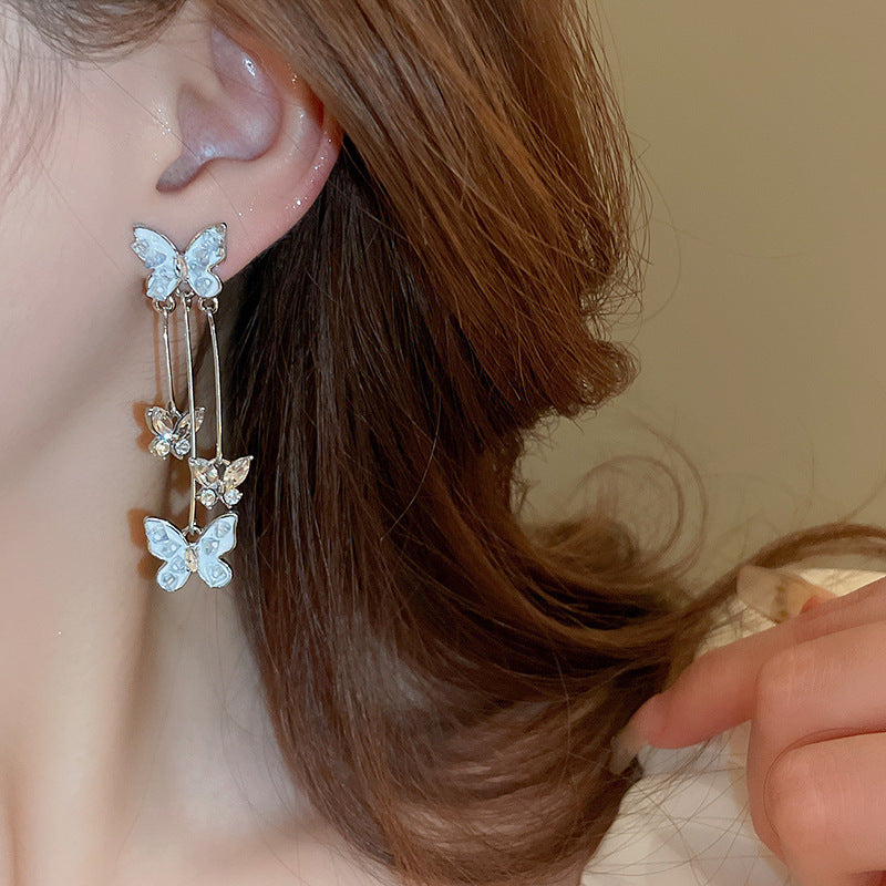 Silver Stud Rhinestone-encrusted Butterfly Tassel Earrings