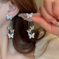 Silver Stud Rhinestone-encrusted Butterfly Tassel Earrings